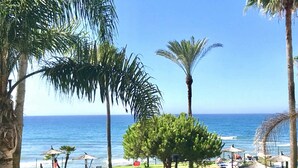 Blick auf einen Strand mit Palmen, Liegestühlen und Sonnenschirmen.