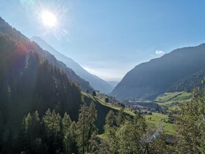 Un paysage montagneux comprenant une vallée, des forêts denses et un petit village.