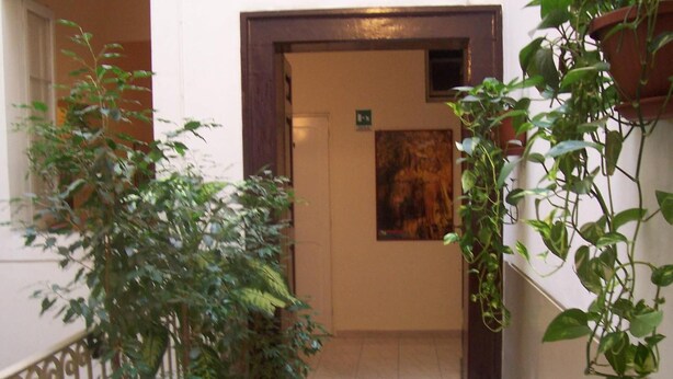 A hallway with potted plants, a door with an exit sign, and a painting on the wall.