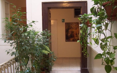 A hallway with potted plants, a door with an exit sign, and a painting on the wall.