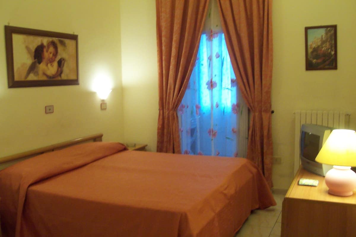 A bedroom with a bed, curtains, a lamp, a television, and two framed pictures on the wall.