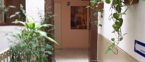 A hallway with potted plants, a door with an emergency exit sign, and a wall-mounted sign.
