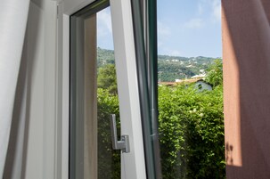 A view through a window with a door, featuring a hillside with greenery and buildings in the background.