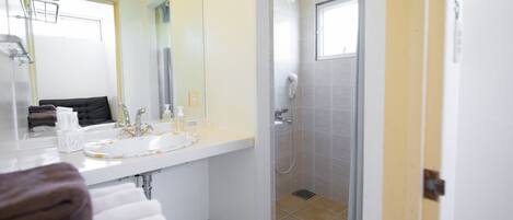A modern bathroom with a white sink, a mirror, and a shower area.