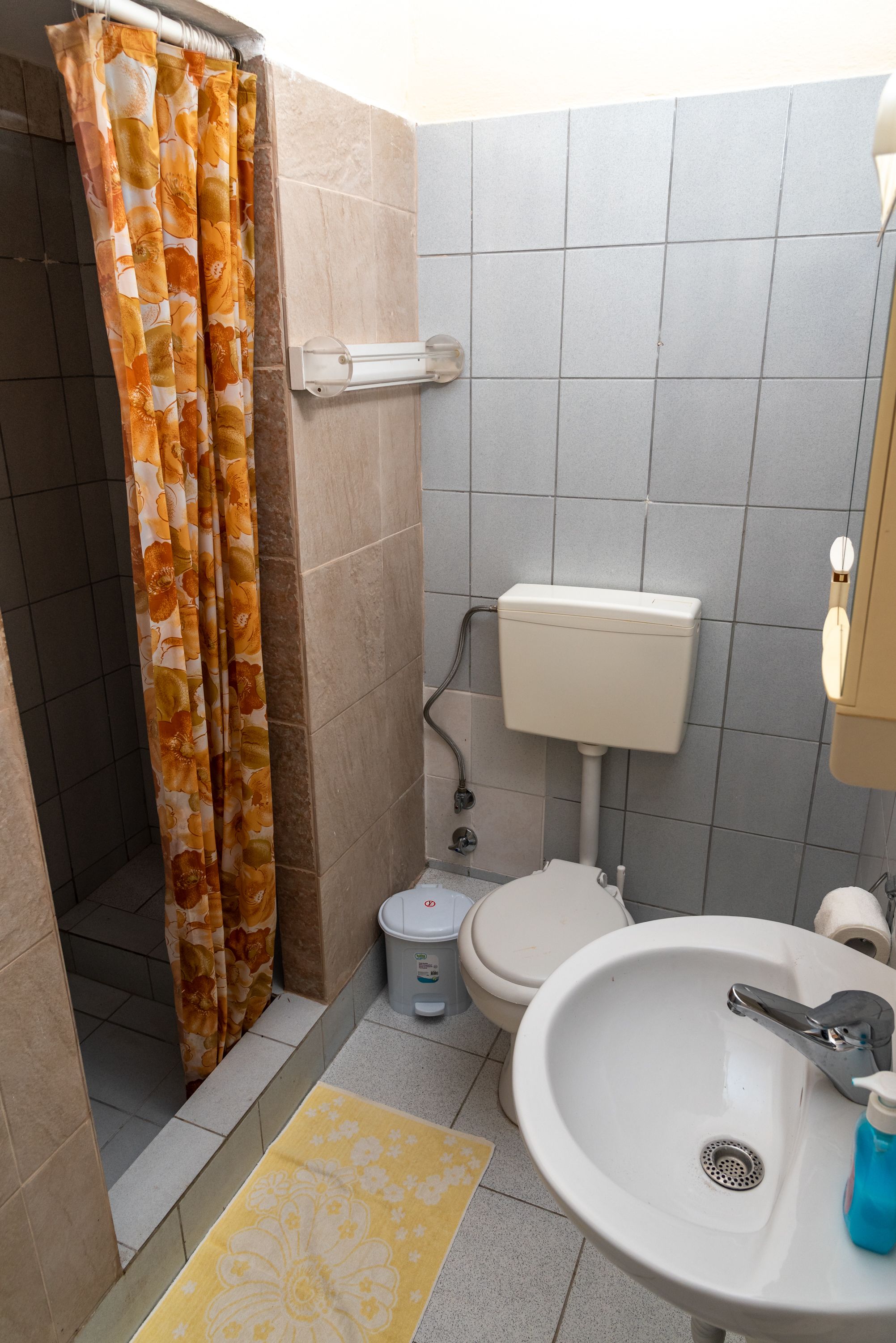 Une salle de bain avec des toilettes, un lavabo et un rideau de douche.