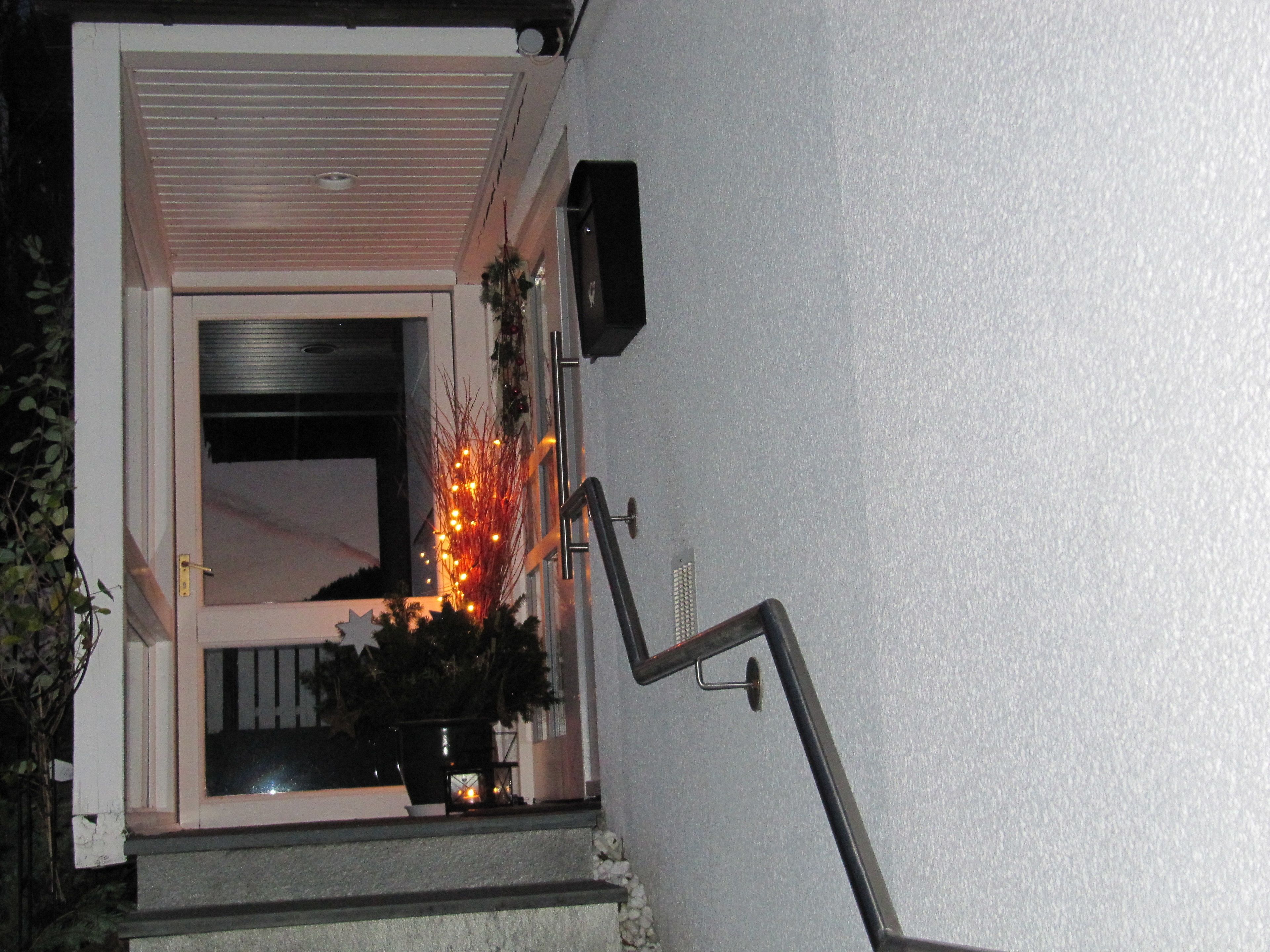 A building entrance with a staircase leading up to a door, a small potted plant, and a decorative light fixture.