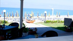 A beachside patio with outdoor seating, umbrellas, and a view of the ocean.