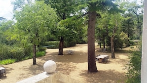 Un espace extérieur avec un sol sablonneux, plusieurs arbres et une boule de pierre posée sur une corniche.