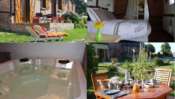 A traditional brick building with a garden, a bedroom with a bed and flowers, a hot tub, and an outdoor breakfast setup. - B&B L'Etape Normande & SPA (Montroty)