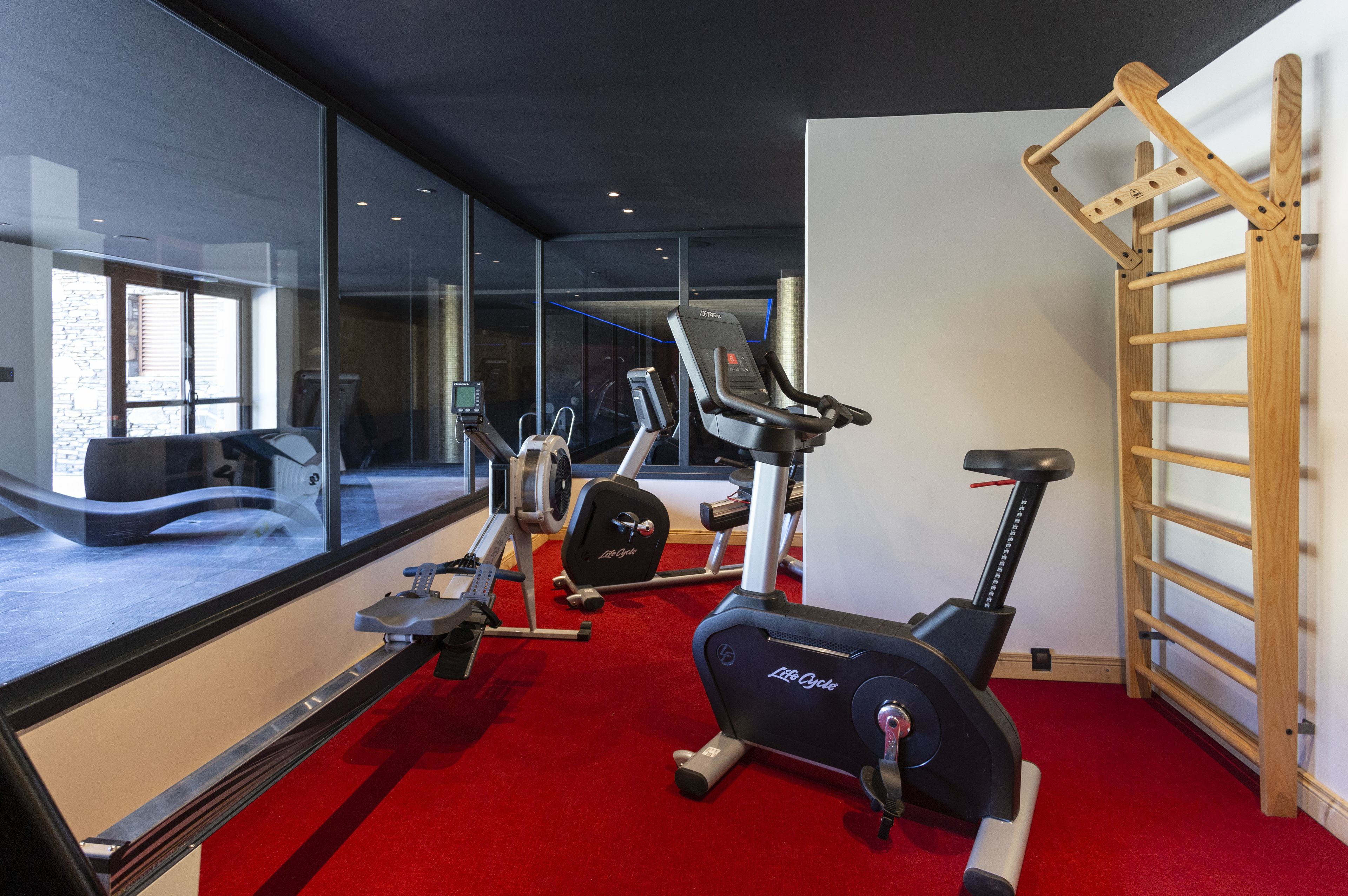 Un gimnasio con máquinas de cardio, una banca para pesas y una barra de dominadas.