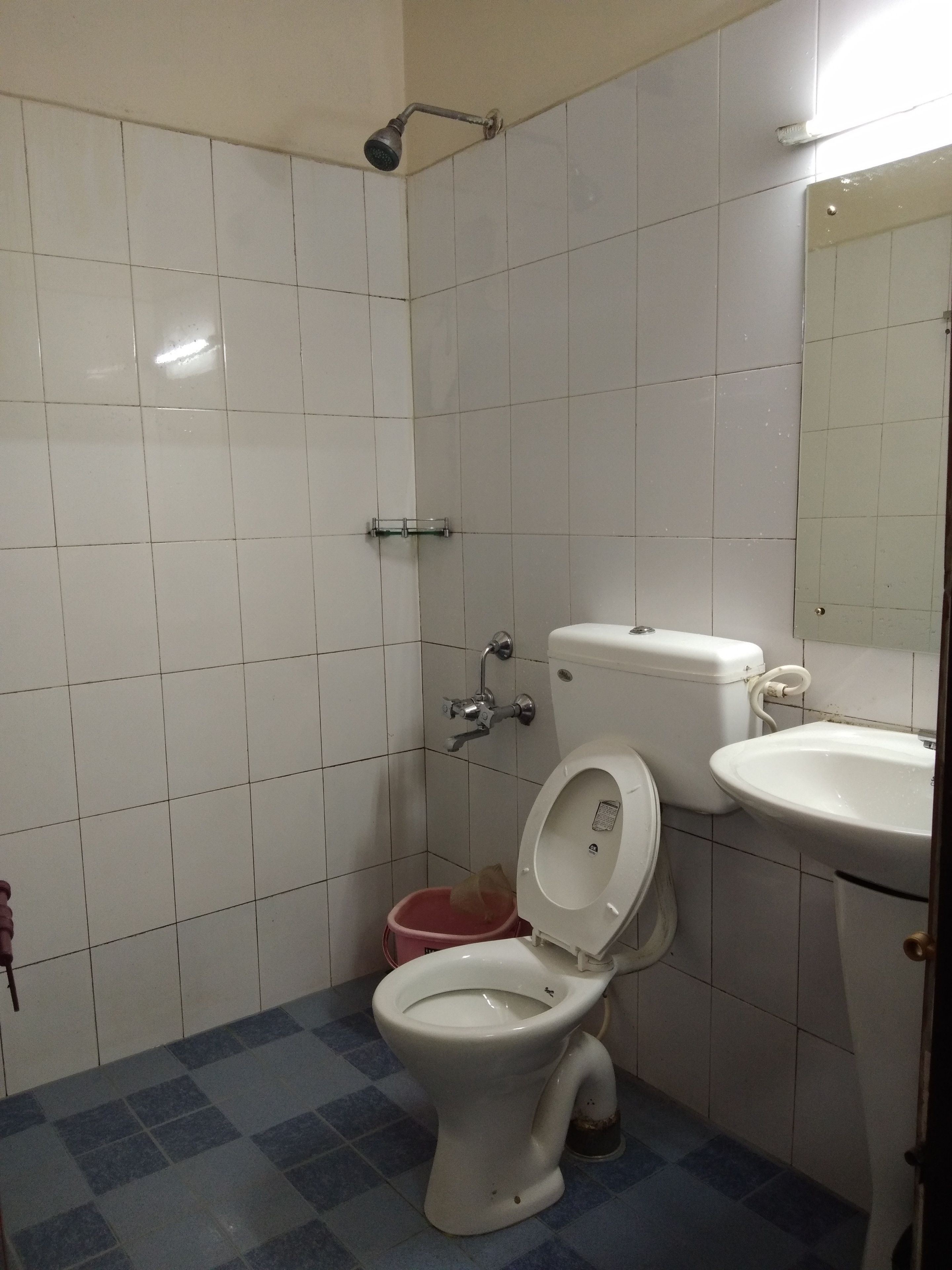 Een badkamer met witte betegelde wanden, een blauw geruit vloertje, een wit toilet, een witte wastafel en een douchekop.