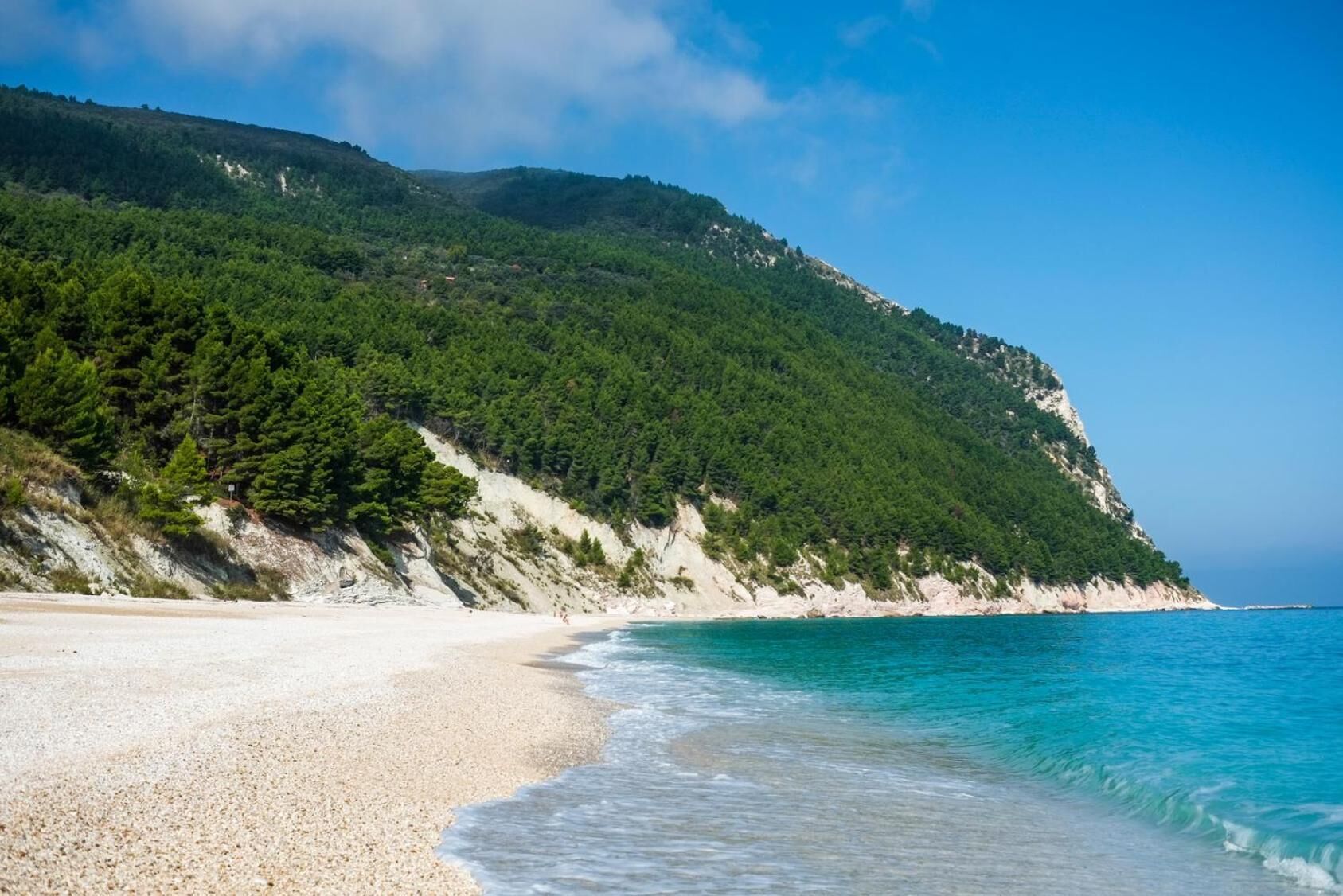A beach with a clear view of the sea and a forested hillside.