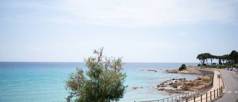 A coastal road with a clear view of the sea, a pedestrian path, and a tree-lined area.
