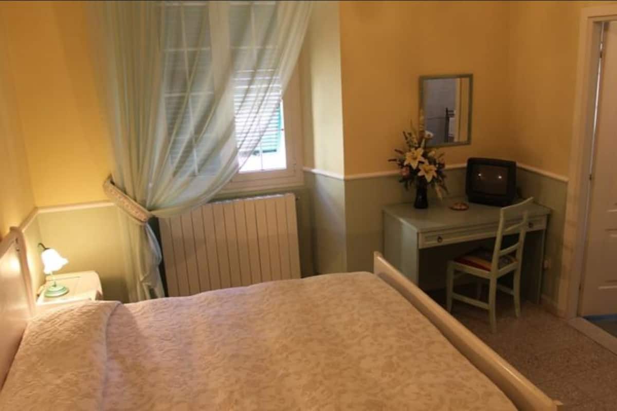 A bedroom with a bed, a desk with a chair, a mirror, a radiator, a window with curtains, and a door.