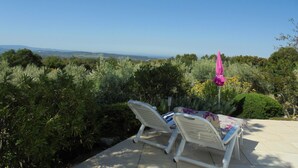 Un patio con dos sillones de descanso y una sombrilla rosa, con vistas a un jardín y un paisaje lejano.
