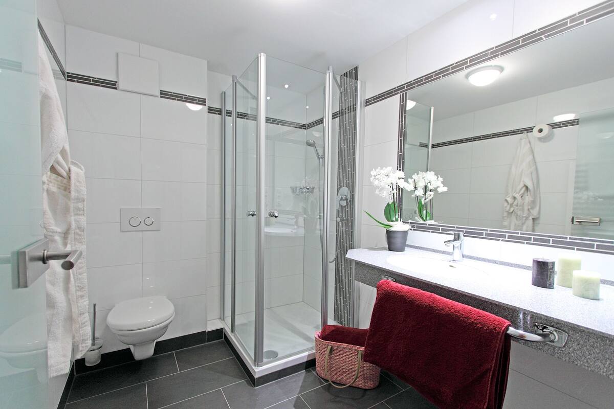 business double room | bathroom | shower, hair dryer, towels