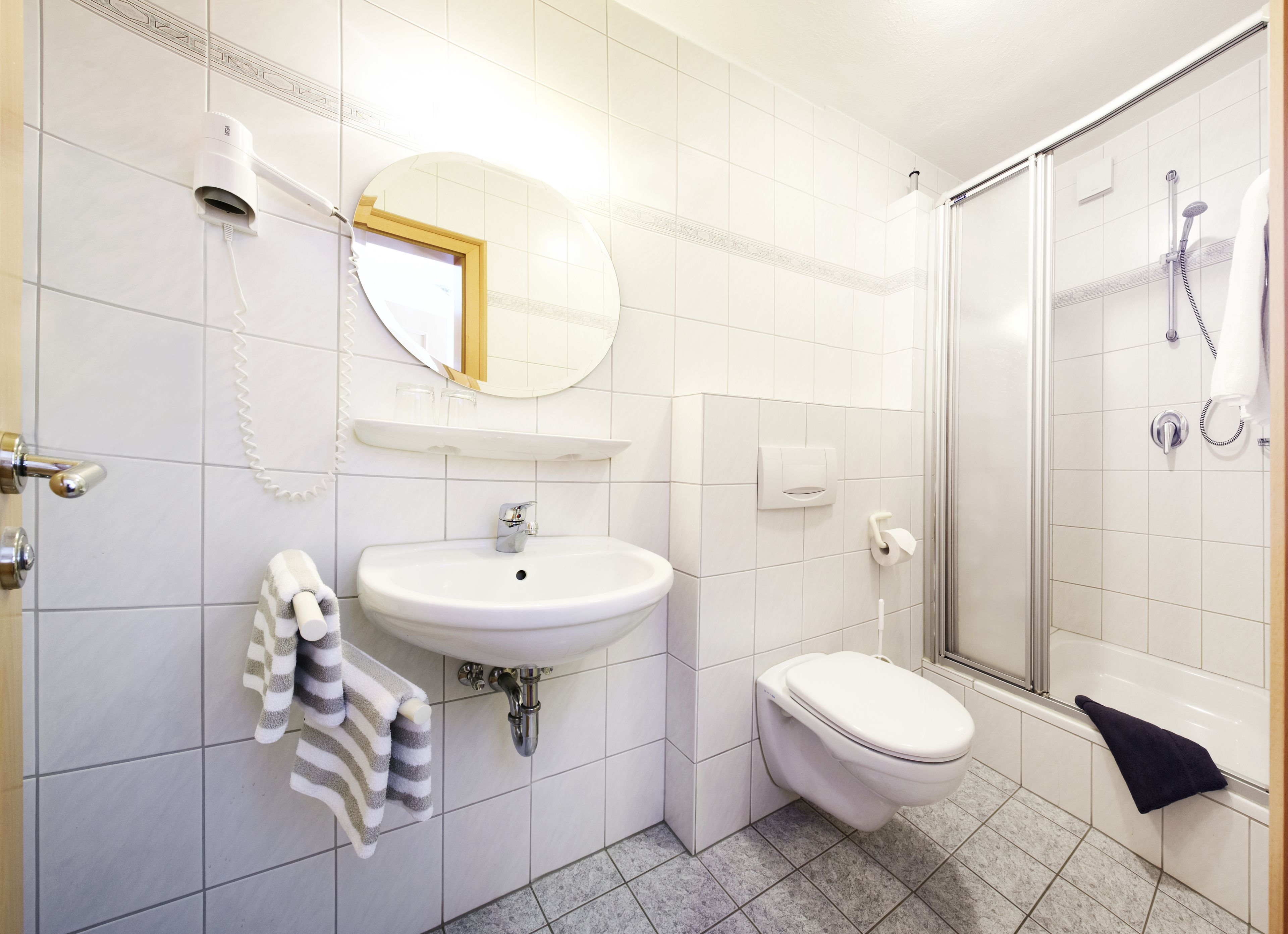 single room | bathroom | shower, hair dryer, towels