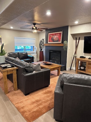 Smart TV, fireplace, DVD player, books