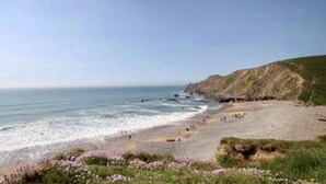 A beach with a rocky cliff and a clear sky. - The Tree Inn (Bude)