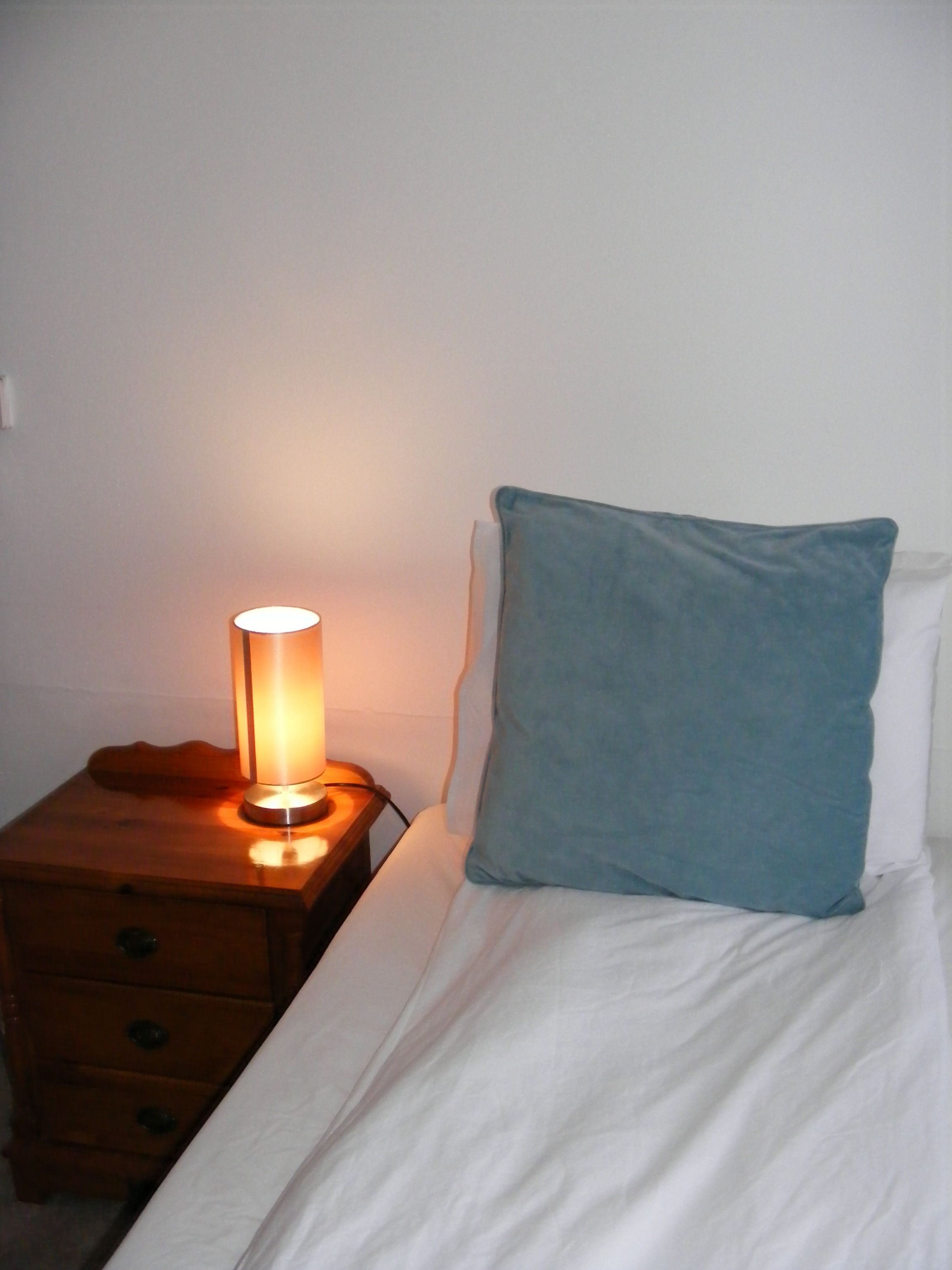 A single bed with a blue pillow and a bedside table with a lamp.