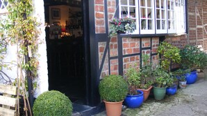 A building with a black door and windows, surrounded by potted plants. - The Tree Inn (Bude)