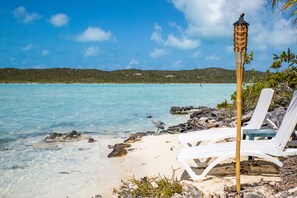 On the beach, sun-loungers, beach towels - Romantic Oceanfront Cottage - Stunning Ocean and Sunset Views! (Chalk Sound)