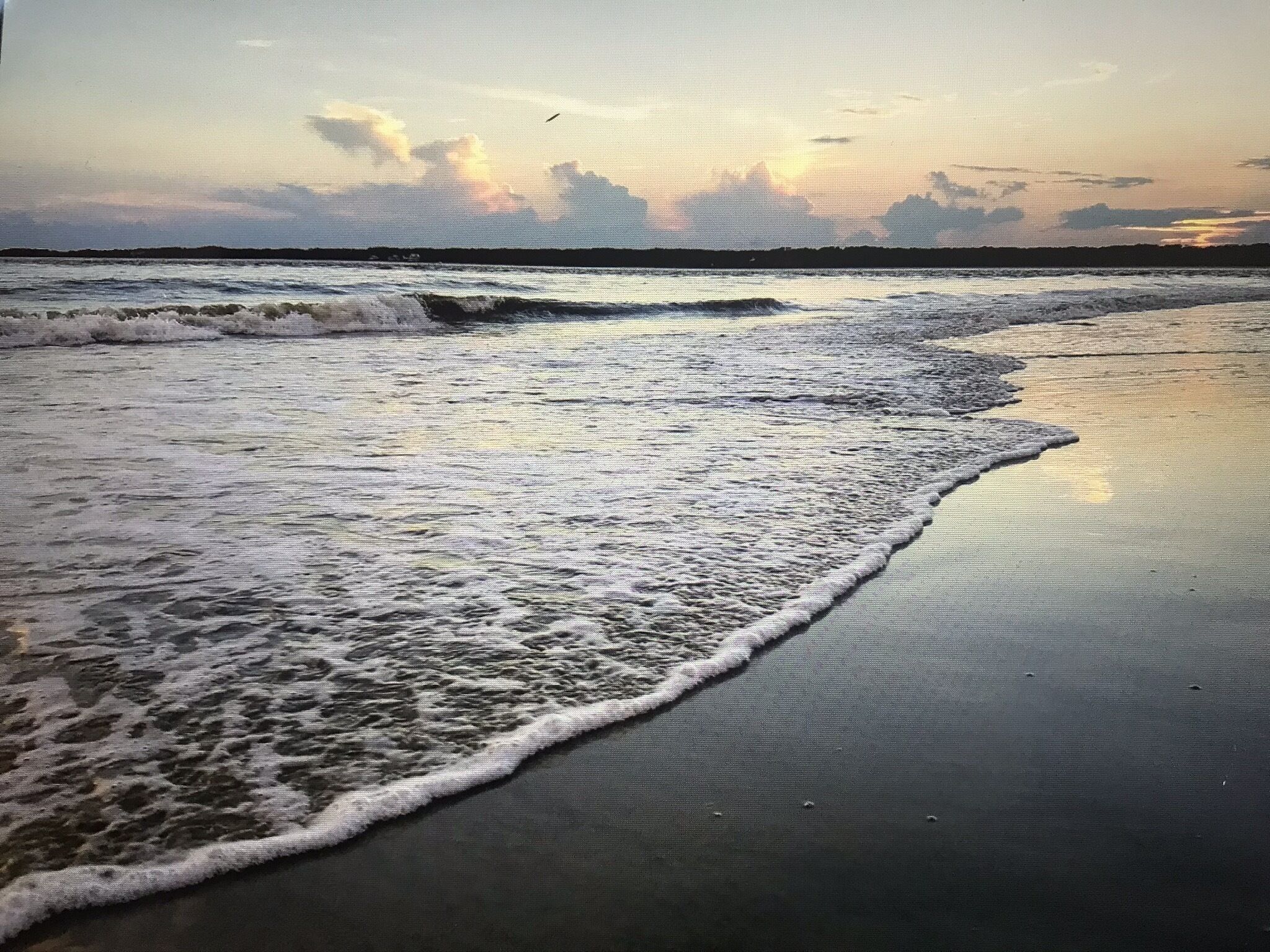 Une plage où les vagues viennent doucement lécher le rivage, un ciel dégagé et un horizon lointain.