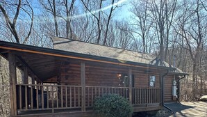 A wooden cabin with a porch, a small bush, and a clear sky.