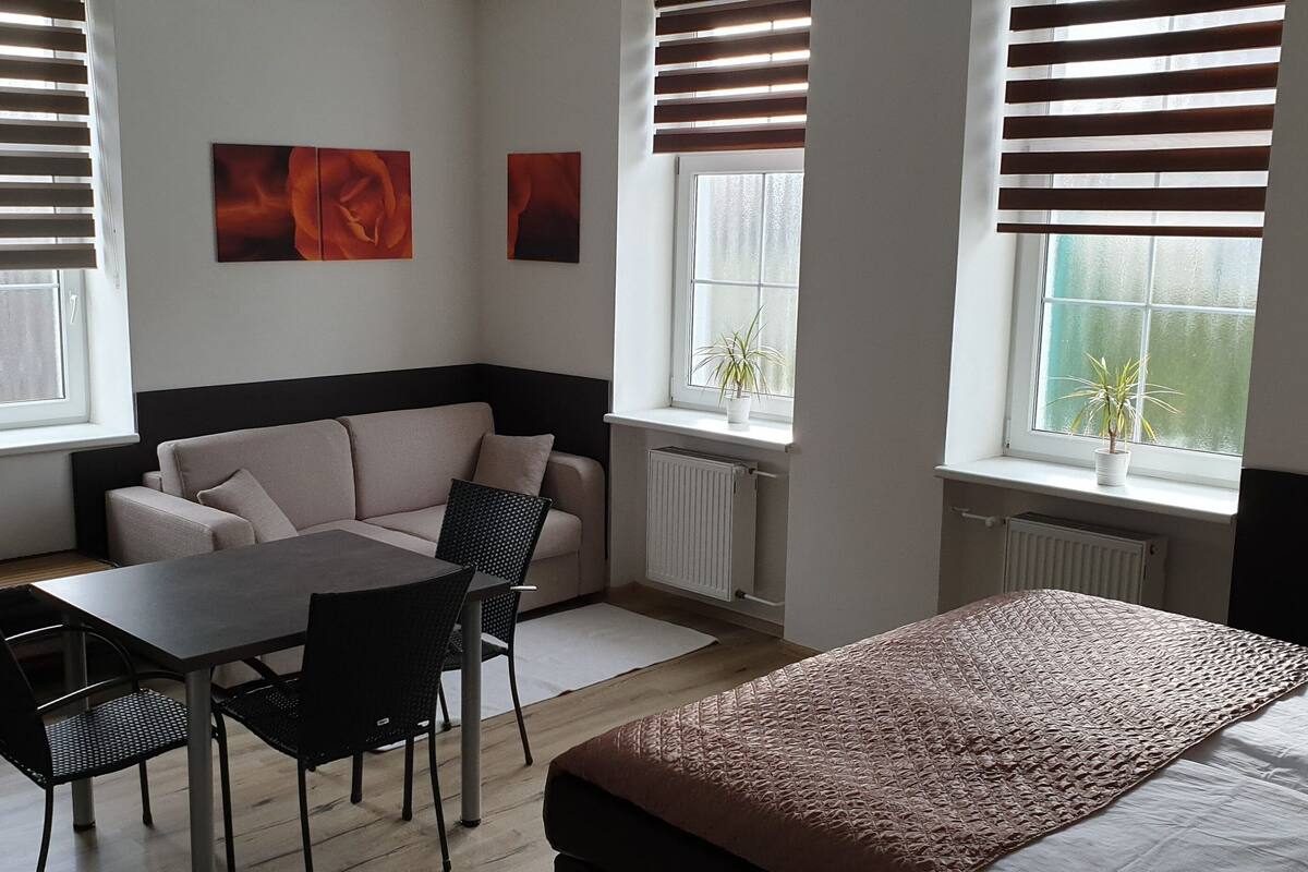 A modern room with a sofa, a dining table, and chairs, a bed with a patterned blanket, and two windows with blinds.