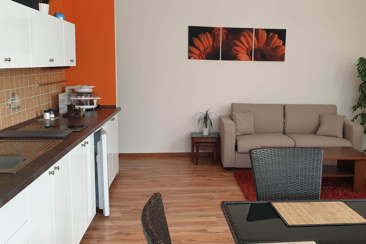 A compact living space with a kitchenette, a sofa, a dining table, and a potted plant.