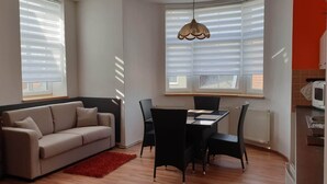 A modern living room with a sofa, dining table, and chairs, a red rug, and a large window with blinds. - Apartma Transpet (Kostelec na Hané)