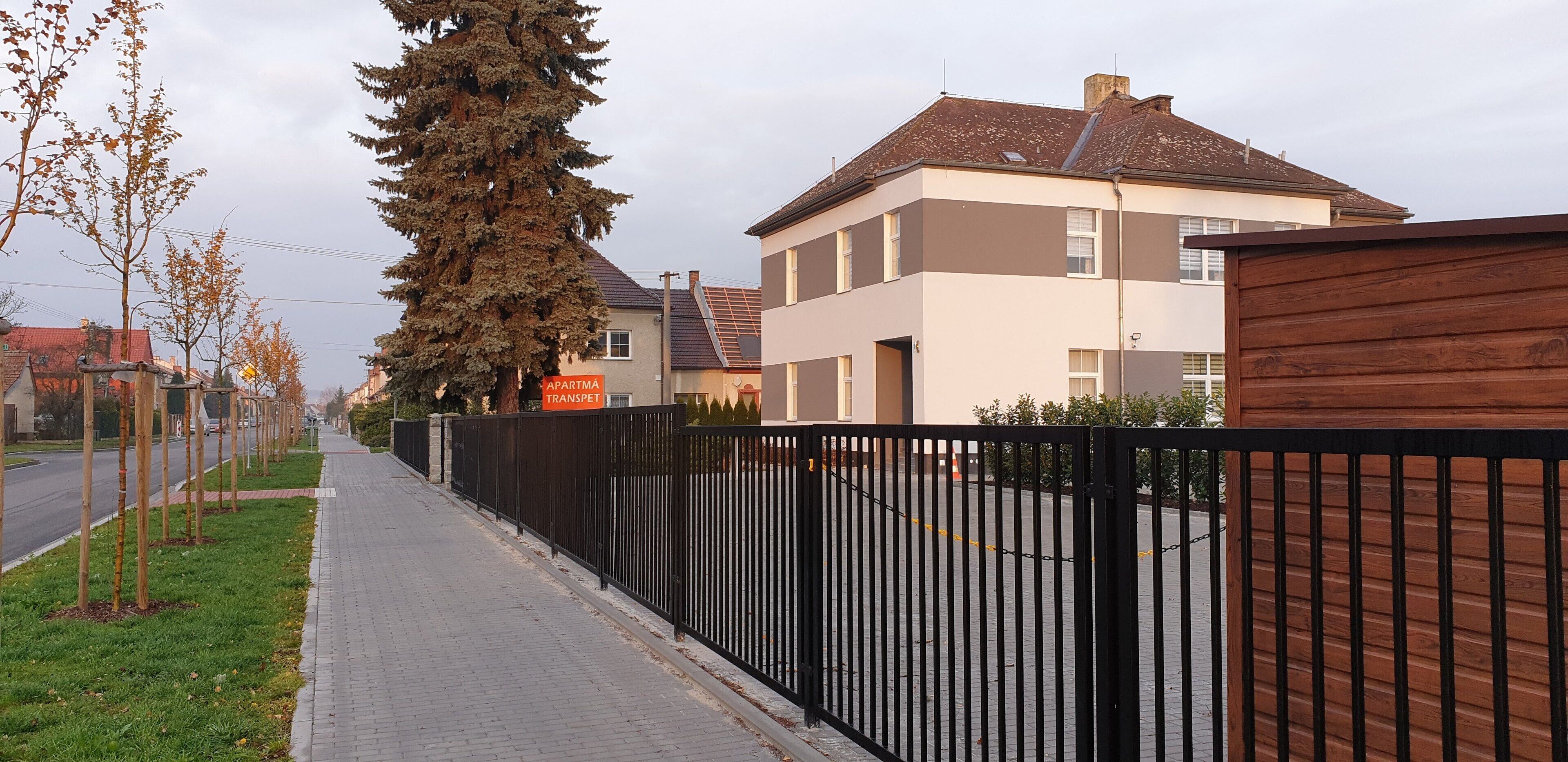 Eine Wohnstraße mit gepflastertem Bürgersteig, einem schwarzen Metallzaun und einer Baumreihe.