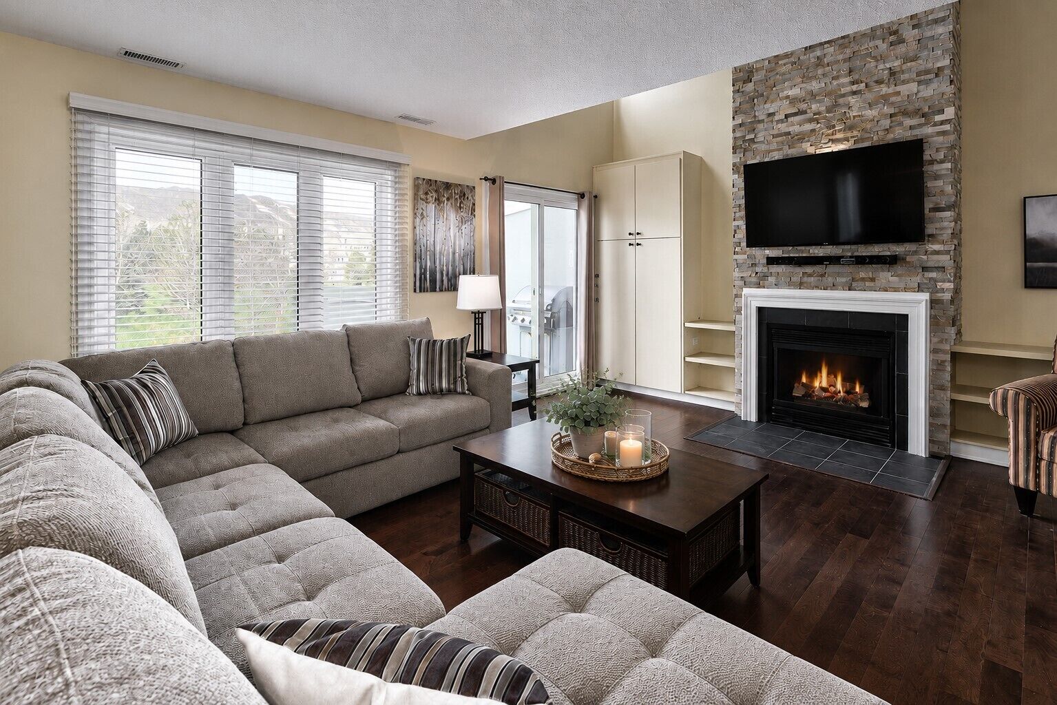 Smart TV, chimenea y estéreo 