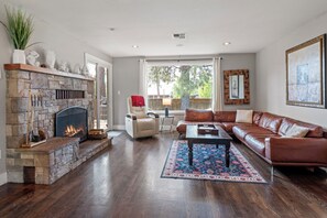 Smart TV, fireplace, video games, DVD player