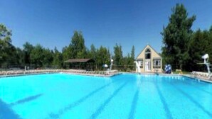 A large swimming pool with clear blue water, surrounded by trees and a small building with a sloped roof.