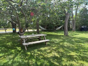 Une table de pique-nique dans un espace verdoyant, agrémenté d’arbres, d’un hamac et de nichoirs.