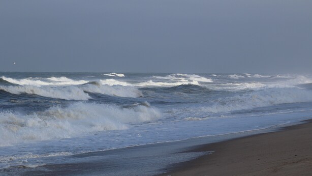 Een strand met golven die op de kust breken.