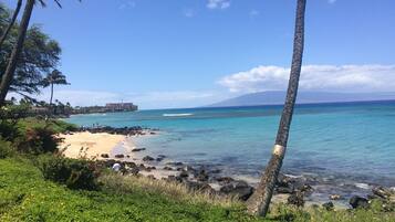 在海滩、沙滩椅、沙滩毛巾