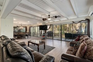 Smart TV, chimenea, reproductor de DVD y libros 