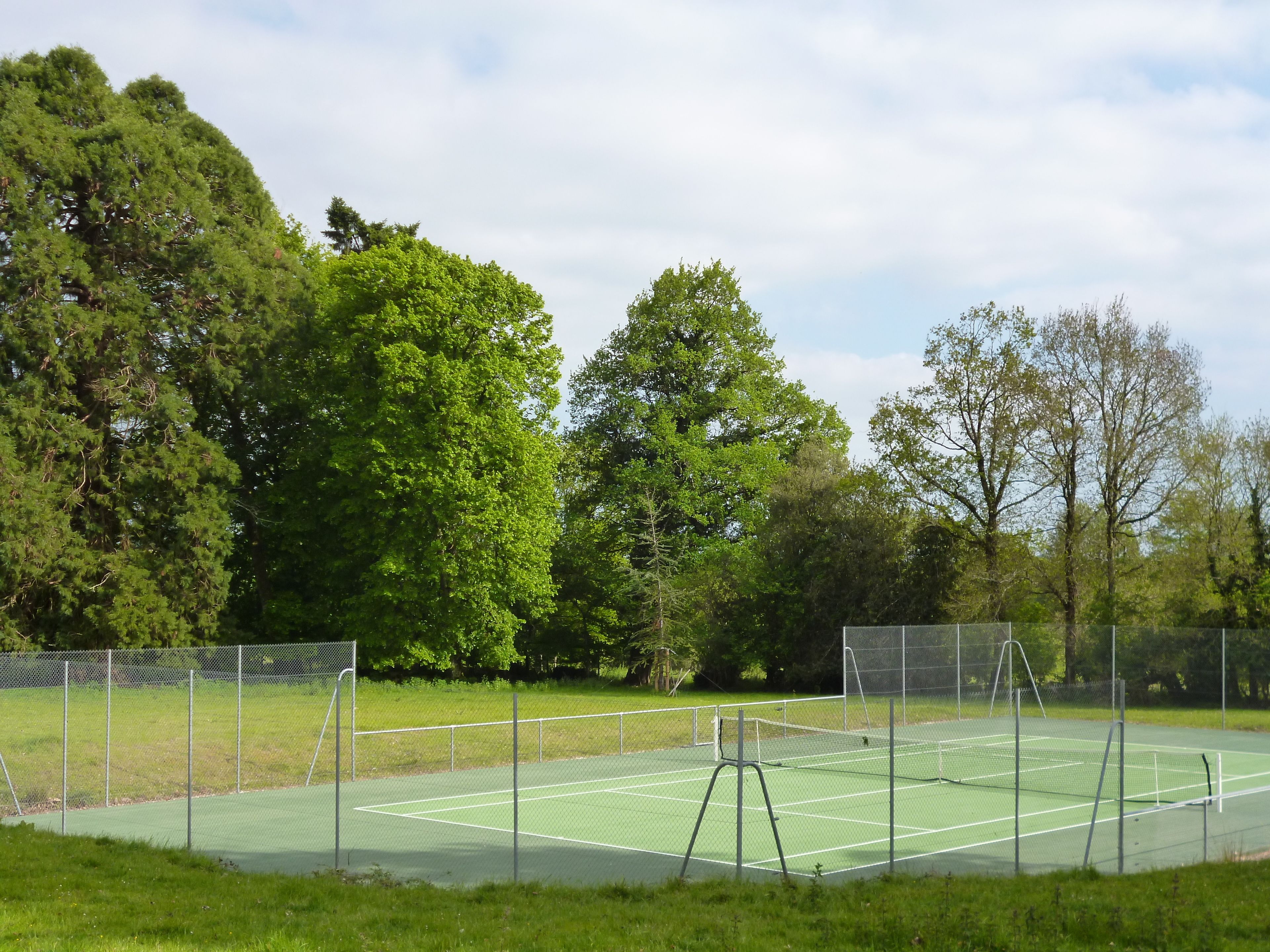Tenniskenttä, jonka ympärillä on puita.