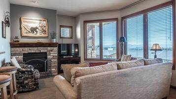 Una televisión, una chimenea, un reproductor de DVD