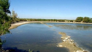 Un río con aguas cristalinas, rodeado de vegetación y una orilla arenosa.