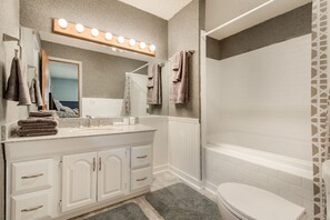 Combined shower/tub, hair dryer