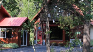 A rustic log cabin with a red roof, a glass door entrance, and a porch with potted plants.