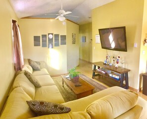 Una Smart TV, una chimenea, un reproductor de DVD