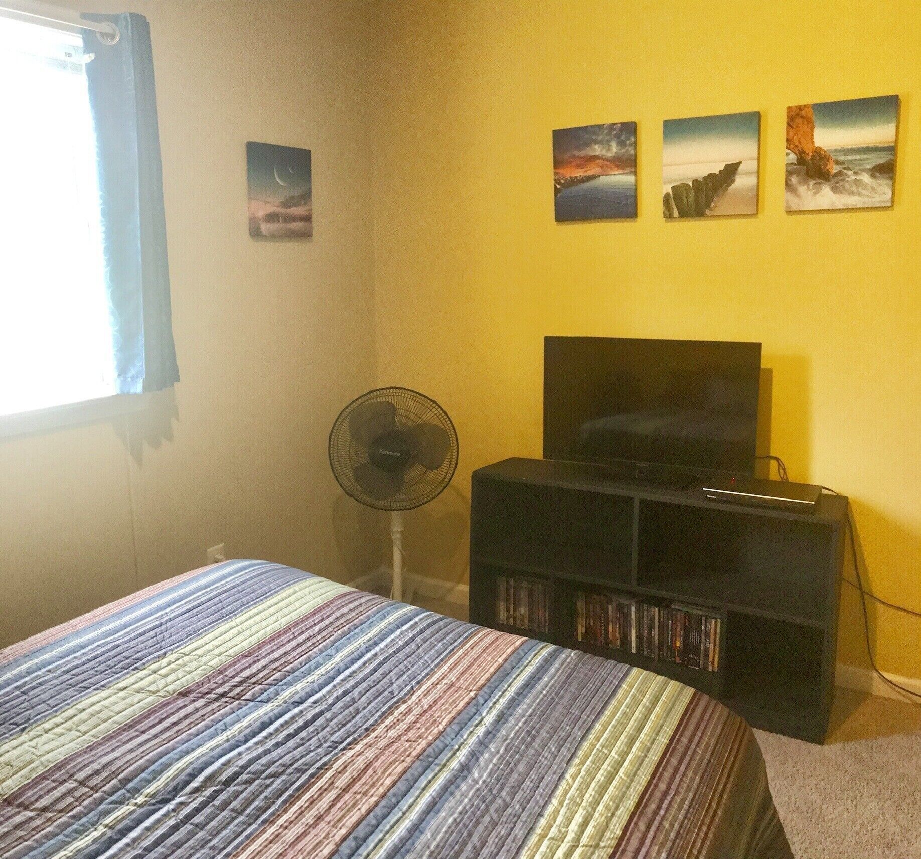 A bedroom with a bed, a TV, a bookshelf, and three wall-mounted pictures.