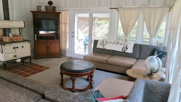 TV, DVD player, video library, stereo