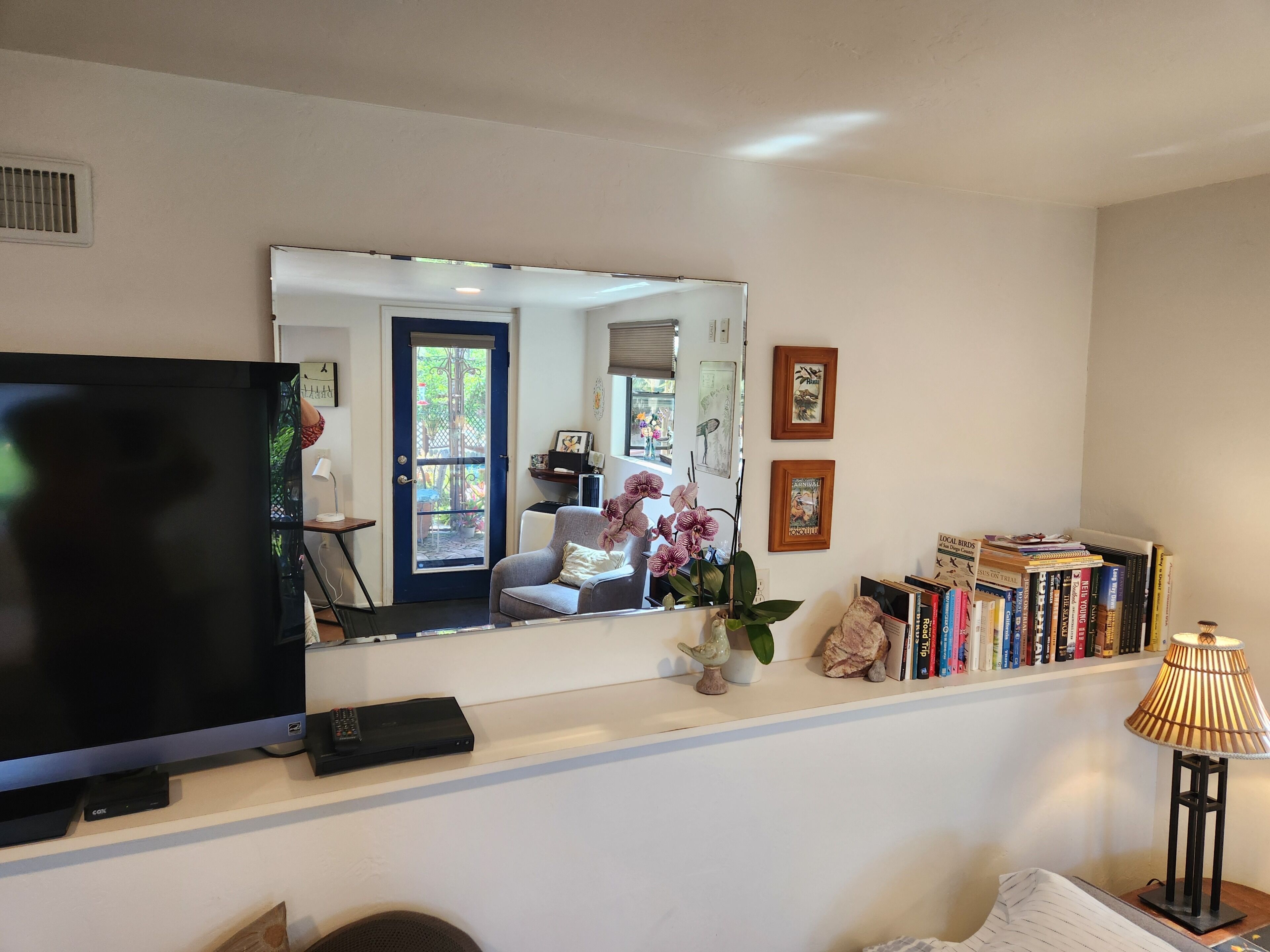 Uma sala de estar com televisão de tela plana, estante de livros, espelho e abajur.