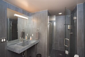 A modern bathroom with a large mirror, a granite sink, and a glass-enclosed shower. - In The Heart of Lower Downton Denver in a beautiful historic building. Unit 303B (Denver)