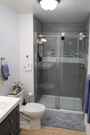 Shower, hair dryer, towels, soap